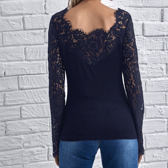 navy blue lace long sheer sleeve boho top - Picture 8 of 12